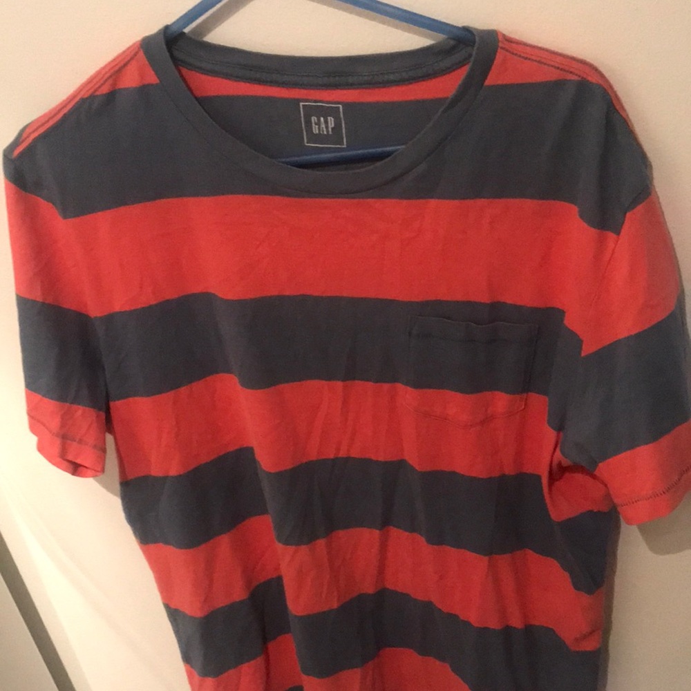 Gap 2 tone orange and greyish bluish vertical stripe with front pocket tee